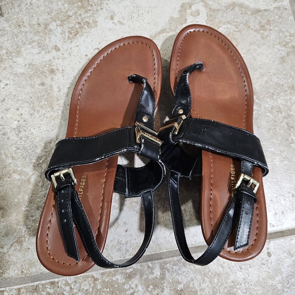 Tommy Hilfiger Women’s 8M Black Leather Wedge Sandals Brown Platform Heels Y2K - Picture 6 of 8